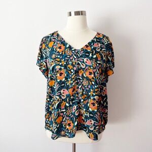 Premise Floral Blouse Teal Short Sleeve V-Neck Button Front 2X Office‎ Career